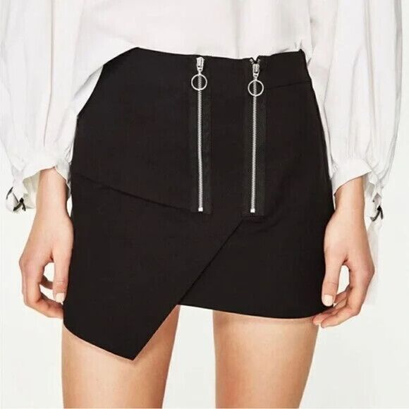 ZARA Black asymmetrical mini wrap skirt zipper detail size medium - Picture 1 of 6